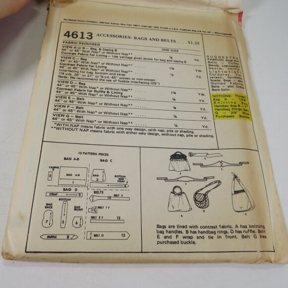 McCalls 6413 Sewing Pattern Purses/ Bags and Belts UNCUT - Picture 6 of 6